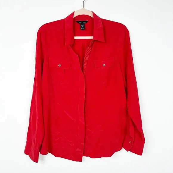 2/$30 White House Black Market Silk Button-Down Shirt Flap Pockets Red 12 #A0689 - Picture 3 of 7